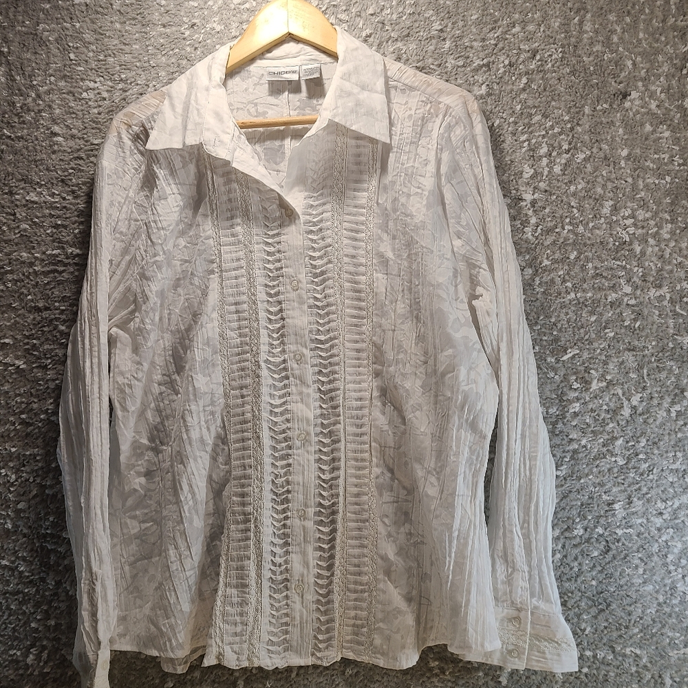Chico's Romance Textured Peasant Blouse 3, Xl White Boho Lace Button Up